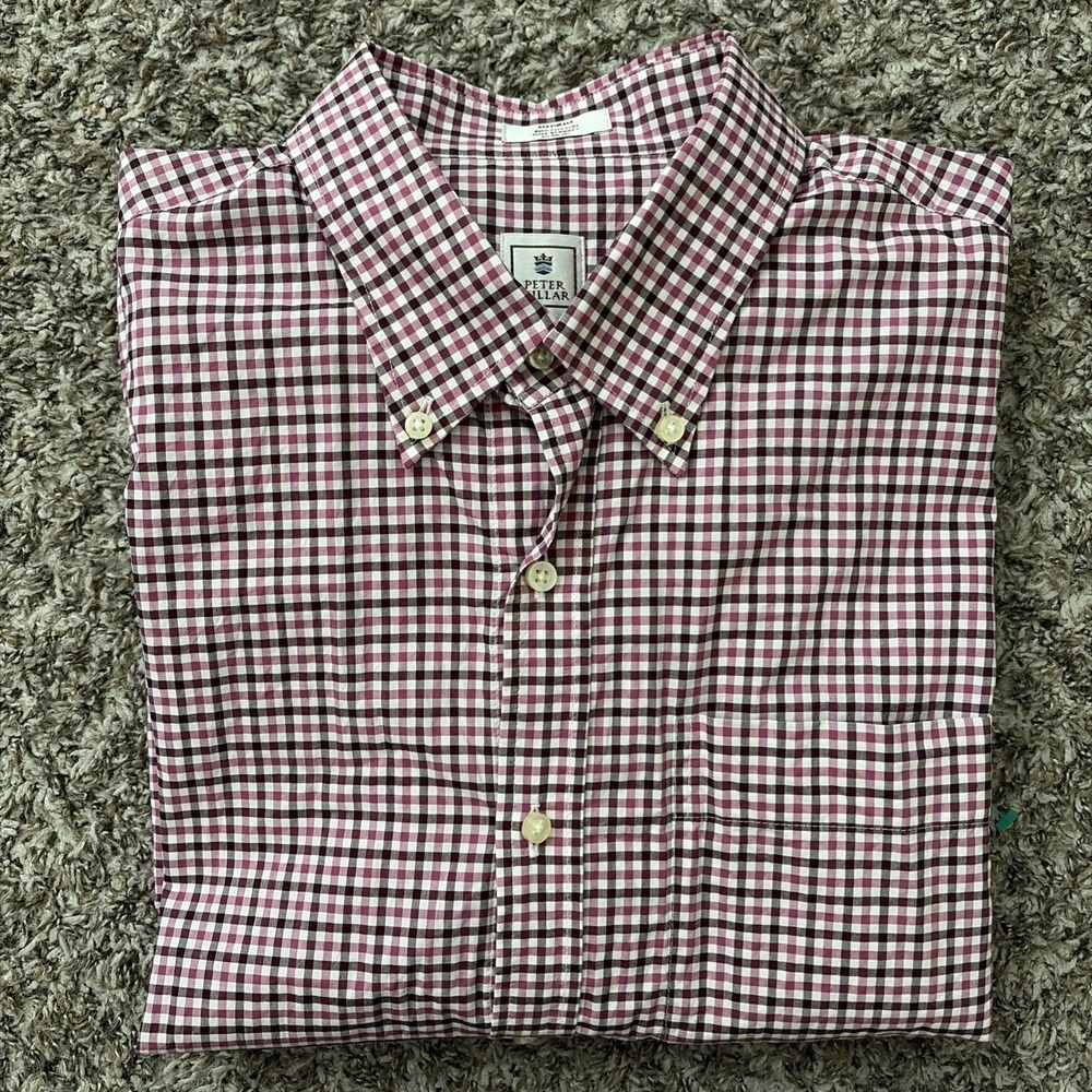 Peter Millar Gingham Shirt Medium Men Button Up Raspberry Red Purple White Prep